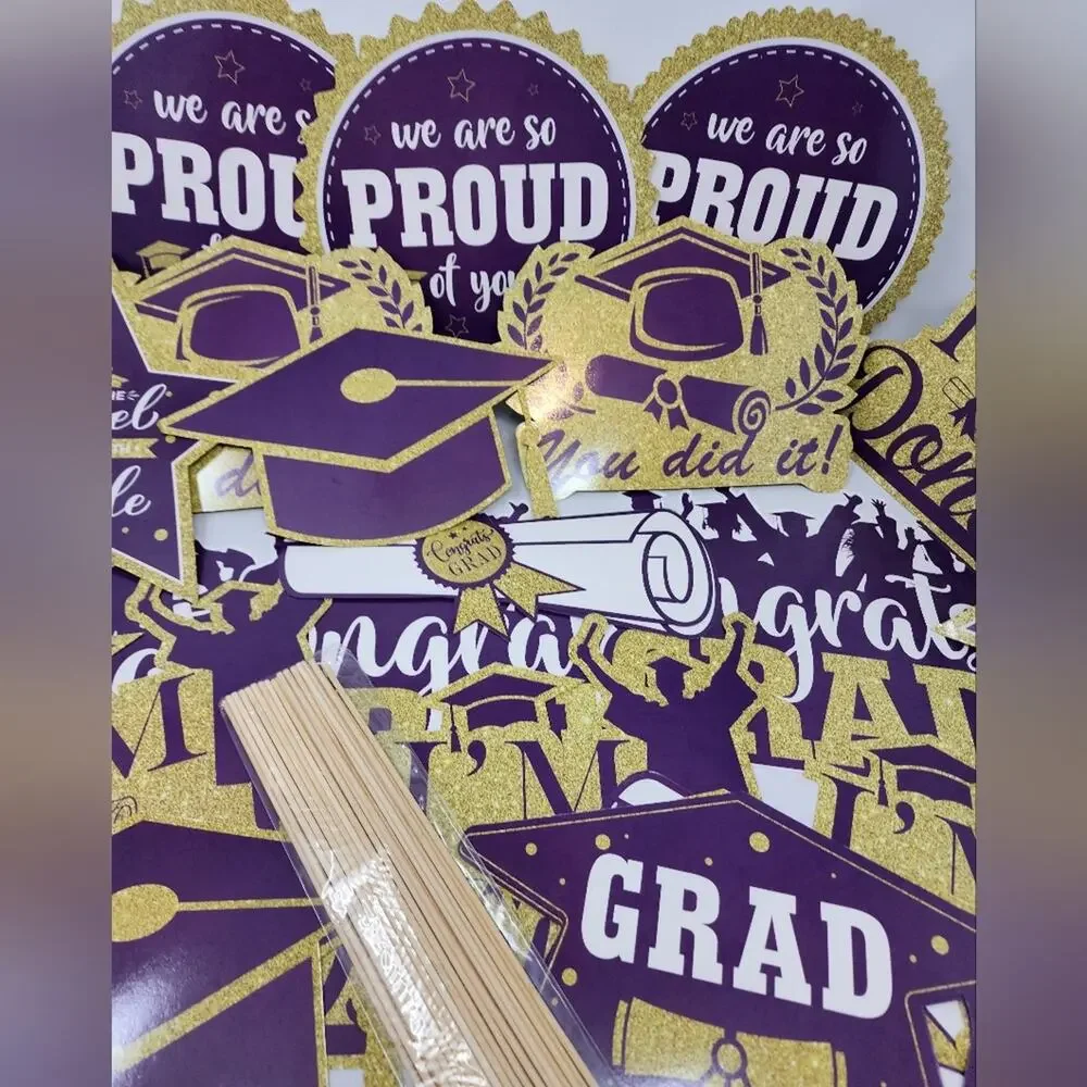 Graduation‎ Party 32 Pc. Purple & Gold Party Decorations with sticks New in Pkg